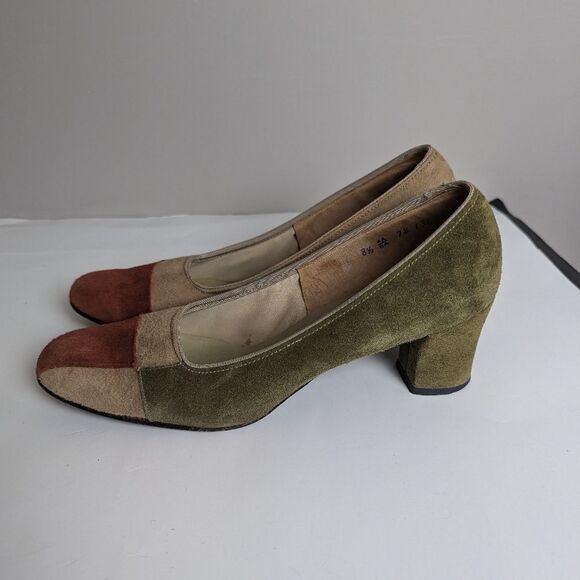 Florsheim Suede pumps patchwork vintage heels block heel round square toe sz 8.5 - Picture 8 of 10
